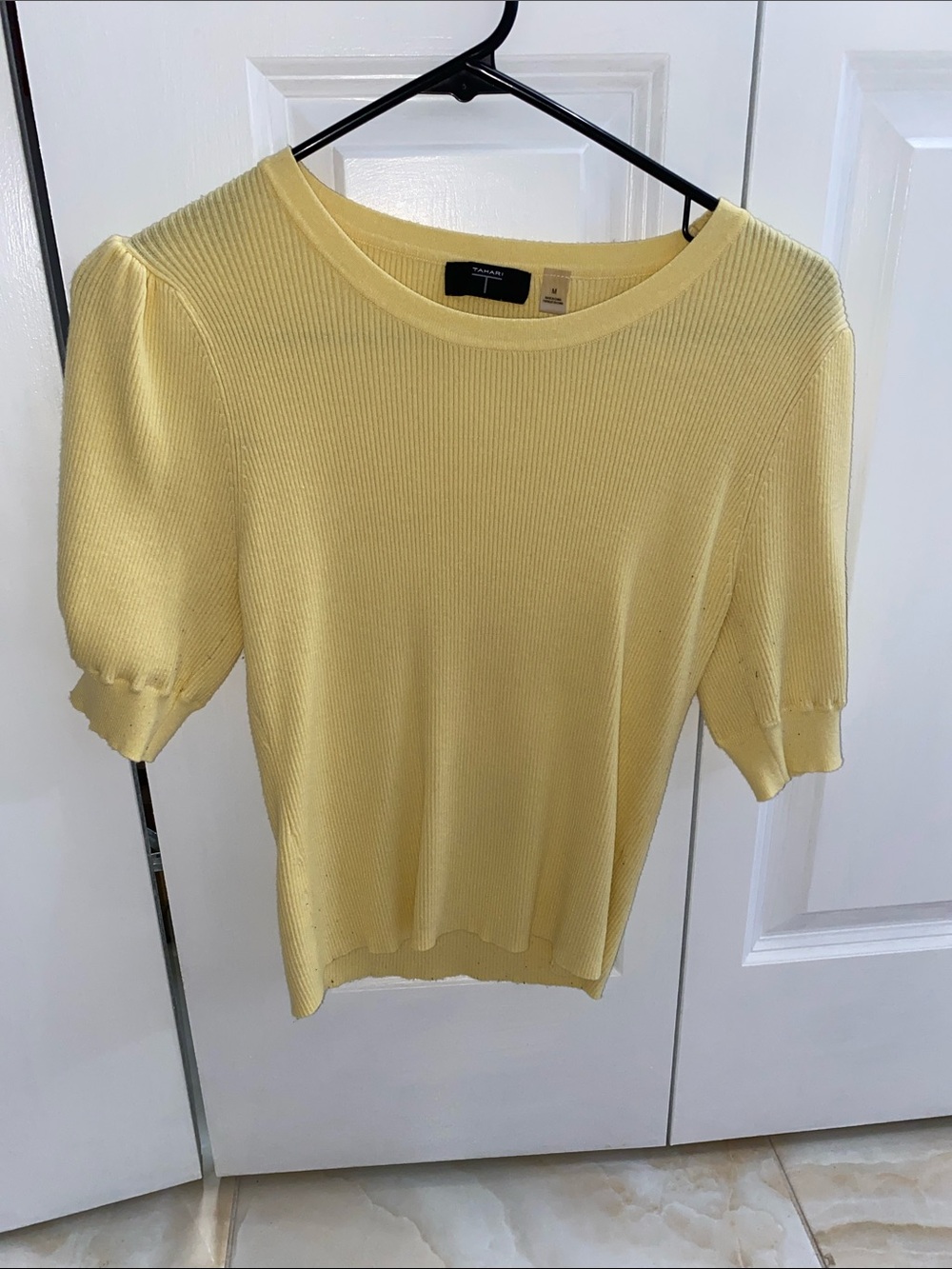 Tahari Pale Yellow Ribbed Short Sleeve Knit Top